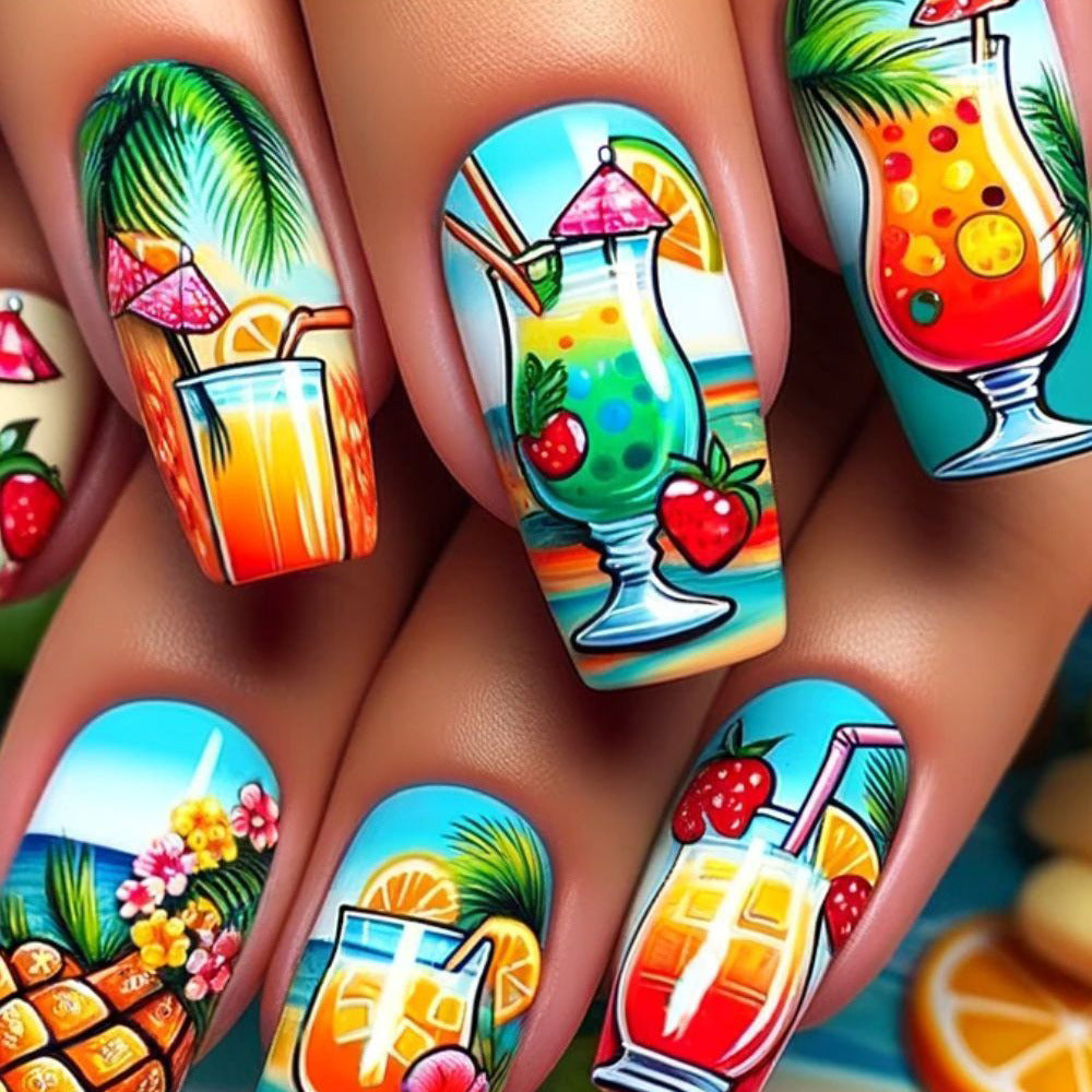 Artificial nail set with tropical drink motif and colorful accents Bowlift