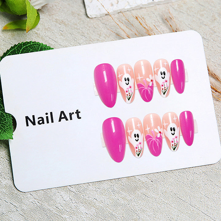 Creative nail tips with ghost design and flower motifs Bowlift