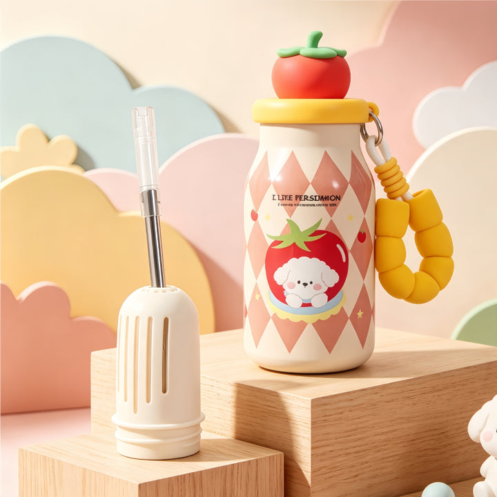 Insulated drinking bottle with sweet dog design and practical carrying strap Bowlift