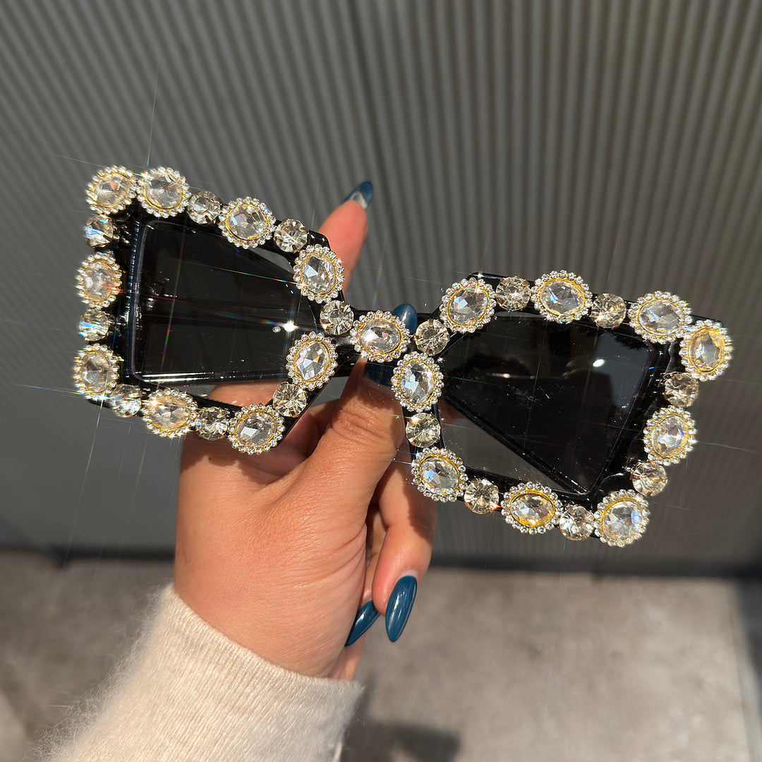 Ladies Glamorous Designer Sunglasses with Rhinestone-Embellished Frame Bowlift