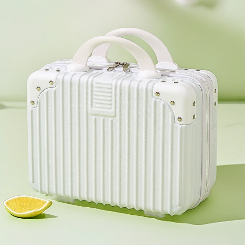 structured hard-shell vanity travel case with faux-leather corner reinforcements and dual top handles Bowlift