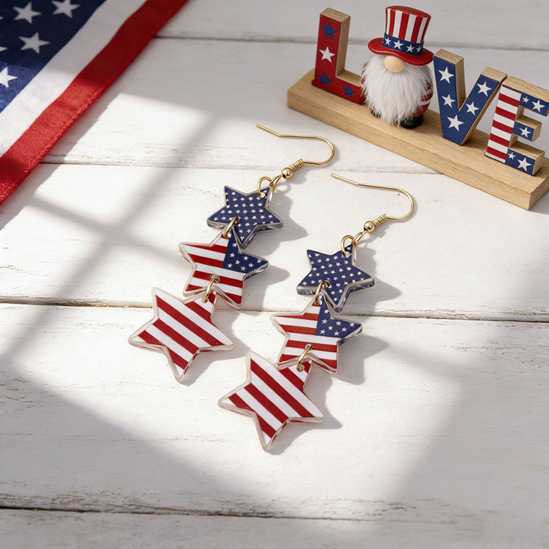 Women's acrylic statement earrings long pendant bow motif with patriotic print Bowlift