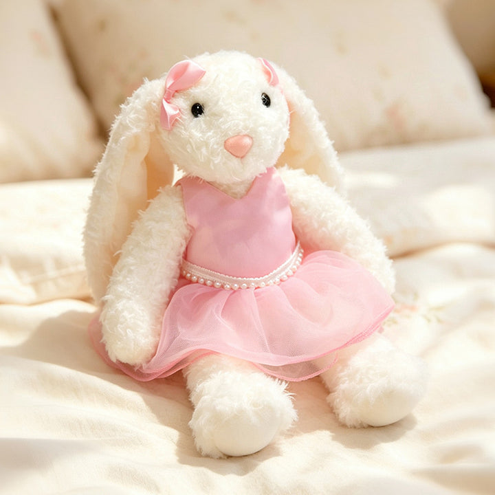 Plush Floral-Lined Ear Bunny Stuffed Toy with Embroidered Face and Curly Faux Fur Bowlift
