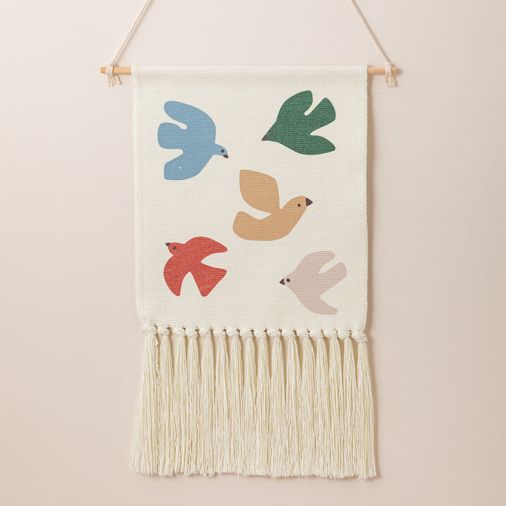 woven wall hanging with fringes and rabbit motif Bowlift
