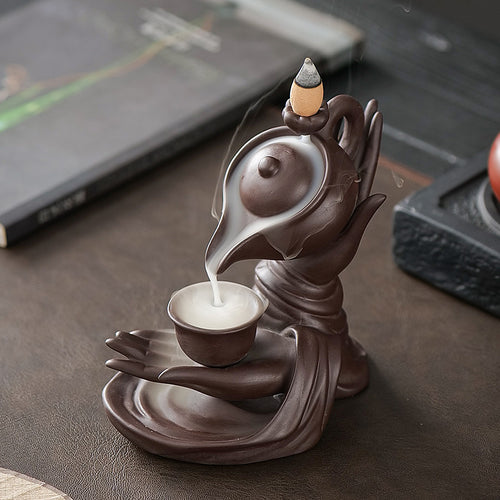 Ceramic Backflow Incense Burner Teapot Pouring Into Cup Hand Sculpture