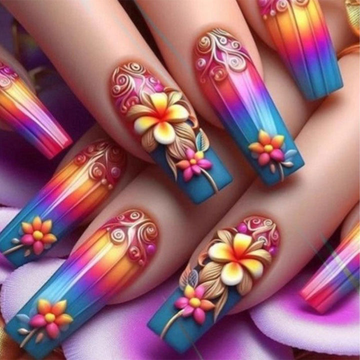 Artificial nails with floral 3D applications and gradient Bowlift