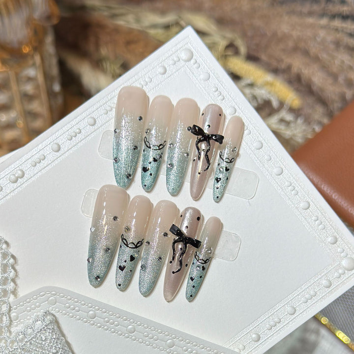Elegant Stiletto Press-On Nail Set with Rhinestone and Bow Accents Bowlift