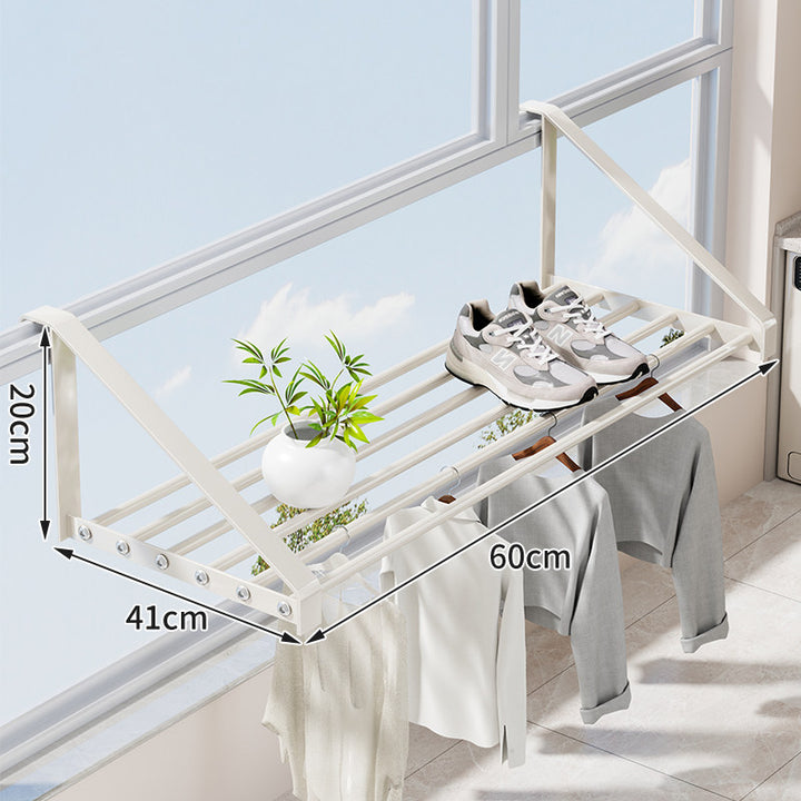 Window-Mounted Foldable Drying Rack with Multi-Bar Shoe and Garment Shelf