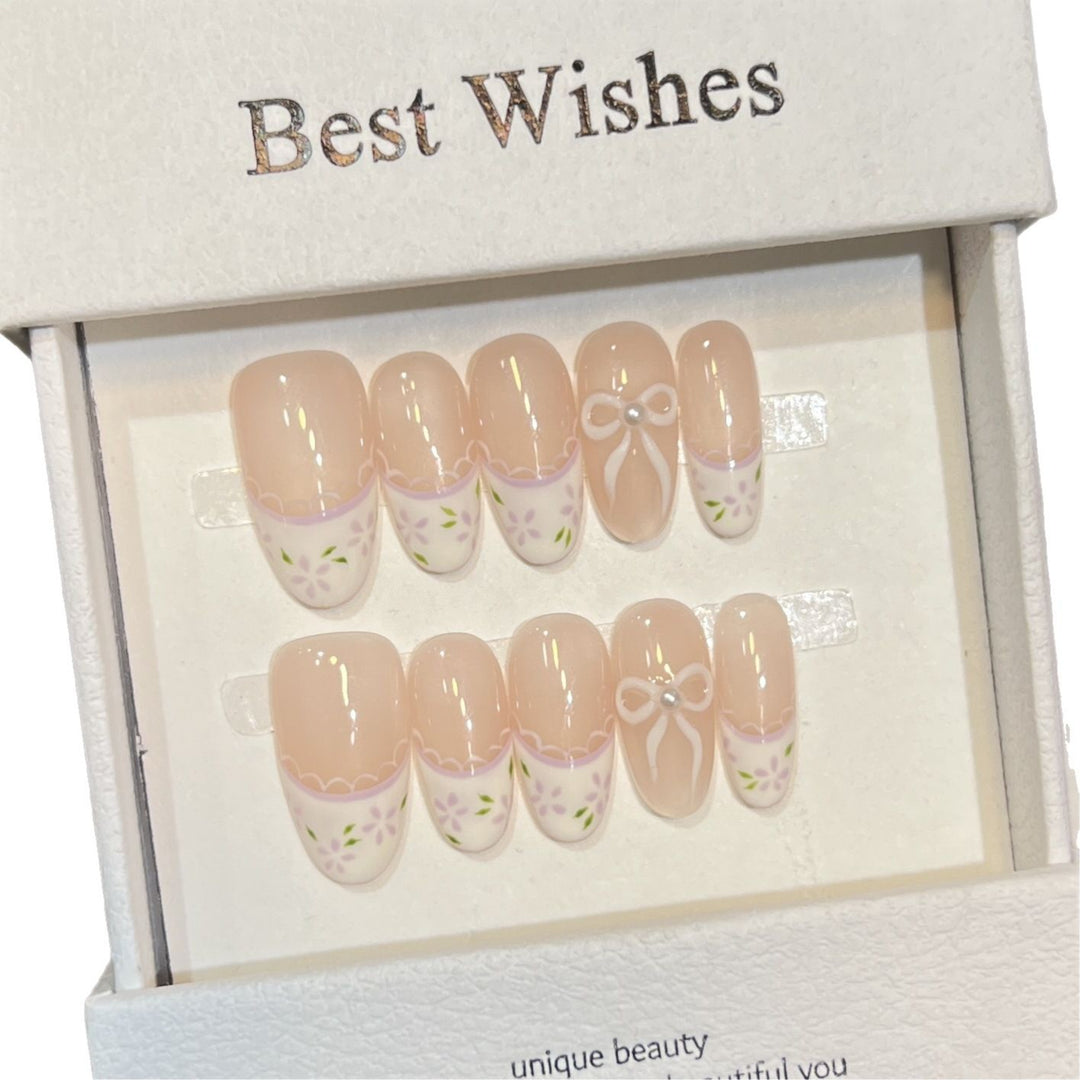 Decorative Press-On Nail Set with Floral Bow Design Bowlift