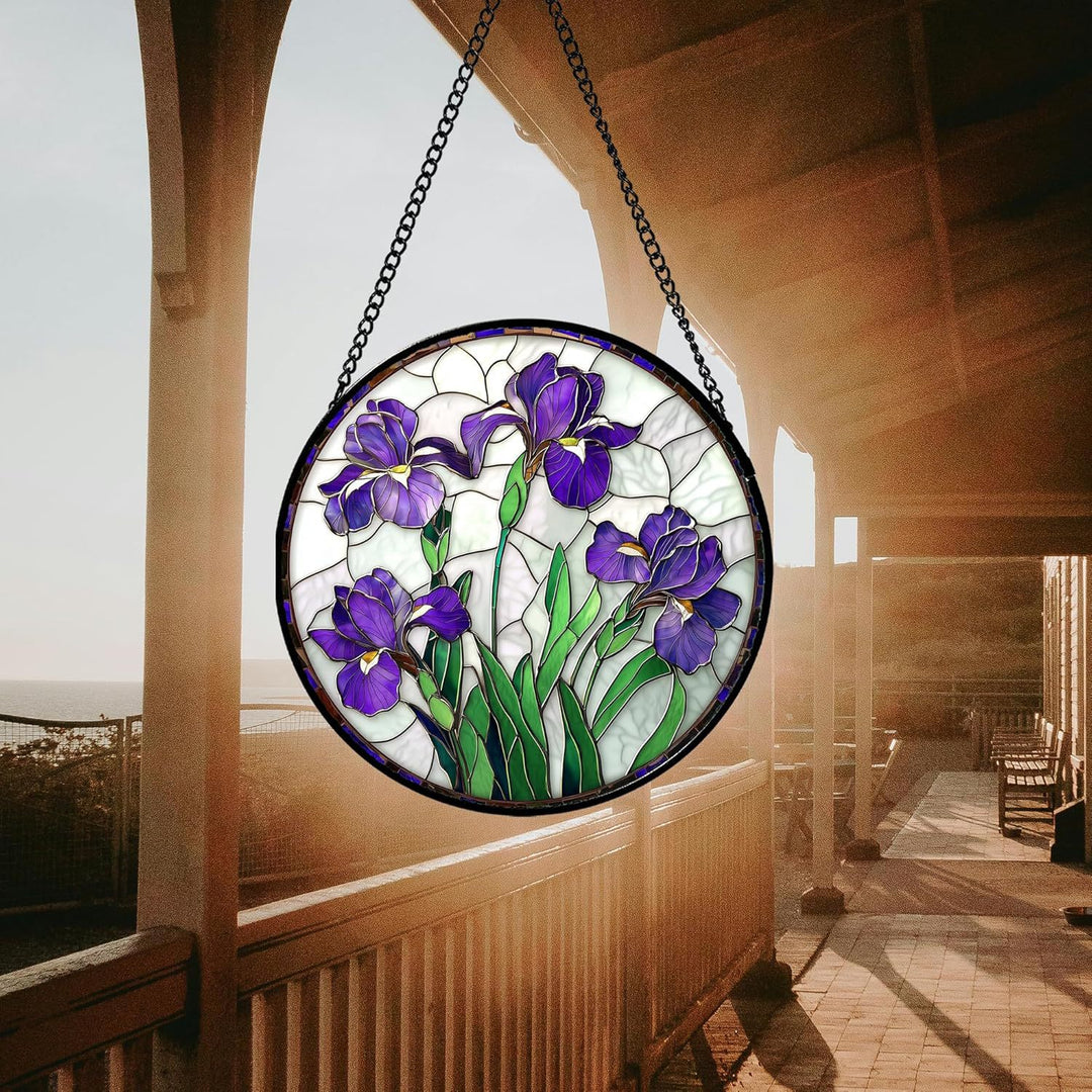 Round Stained Glass Suncatcher Window Panel With Purple Iris Tiffany-Style Leaded Art Glass