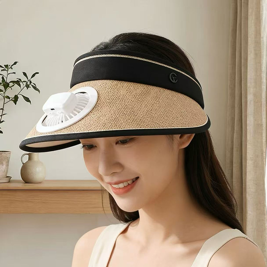 Air-cooled straw hat with detachable battery fan and elastic headband Bowlift