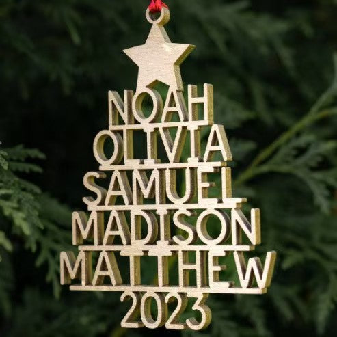 Laser-Cut Wooden Stacked-Name Christmas Tree Ornament With Customizable Family Name Tiers And Hanging Loop