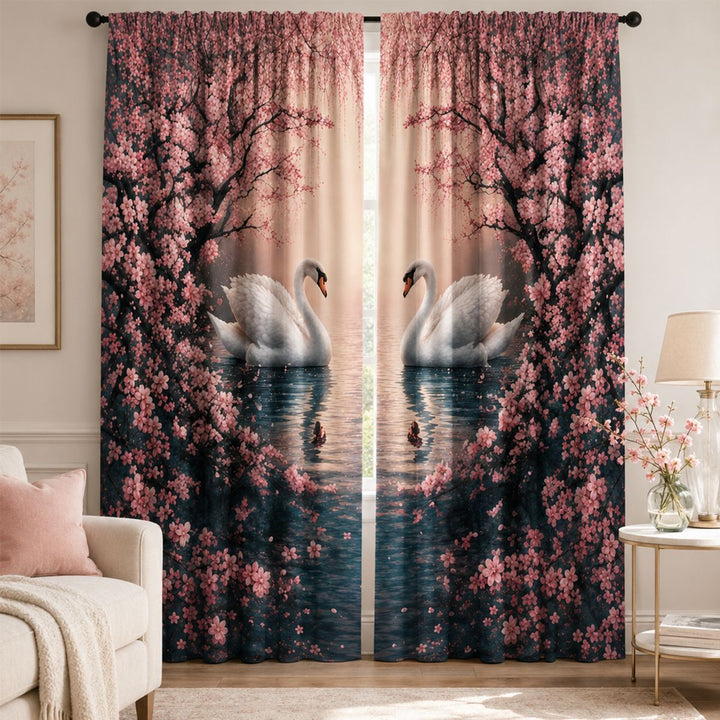 Artistic Floral Swan Print Window Curtains