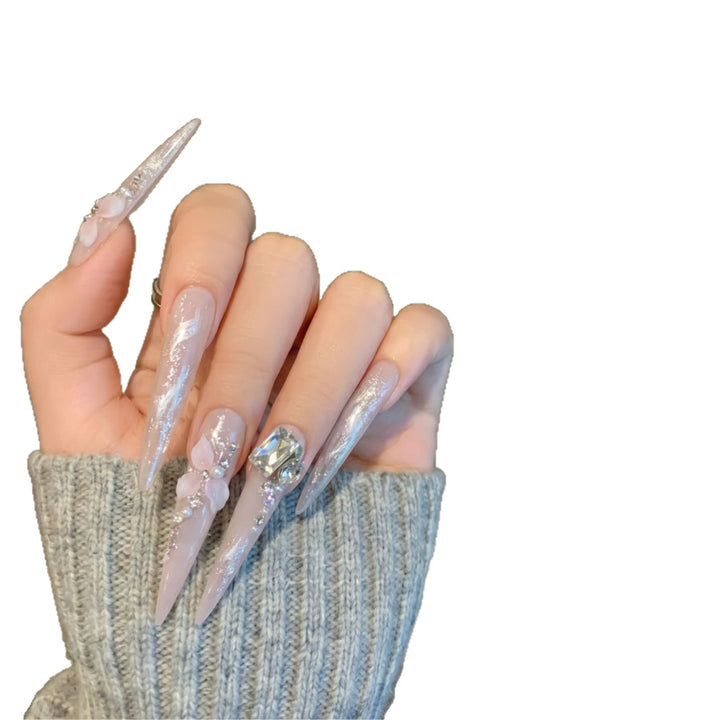 Artistic Decorative Stiletto Press-On Nail Set with Floral Accents Bowlift