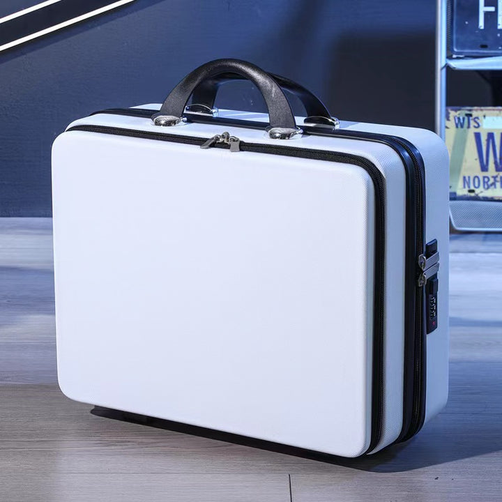 compact hard-shell travel vanity makeup case with TSA combination lock and dual-zip compartments Bowlift