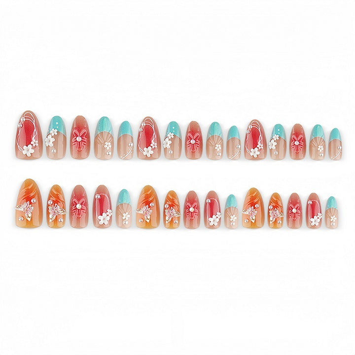 Artificial nail set with floral accents and glittering 3D applications Bowlift