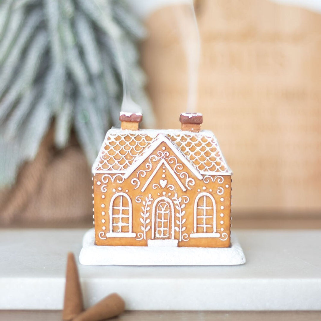 Decorative Gingerbread House Ceramic Incense Cone Holder With Removable Ash Tray And Snow-Texture Glaze