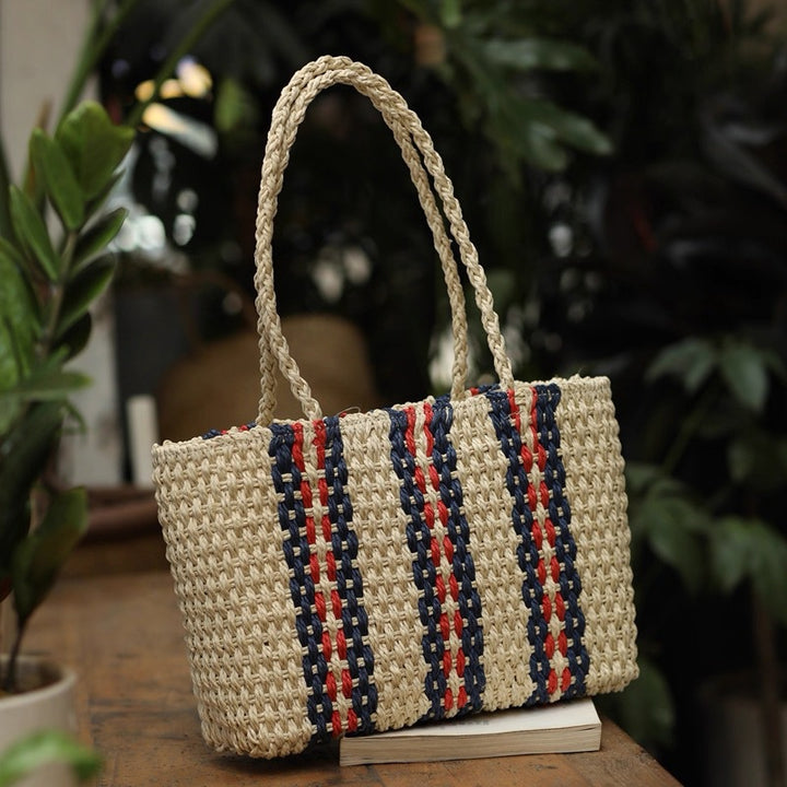 High-quality natural straw tote bag with colorful stripes Bowlift