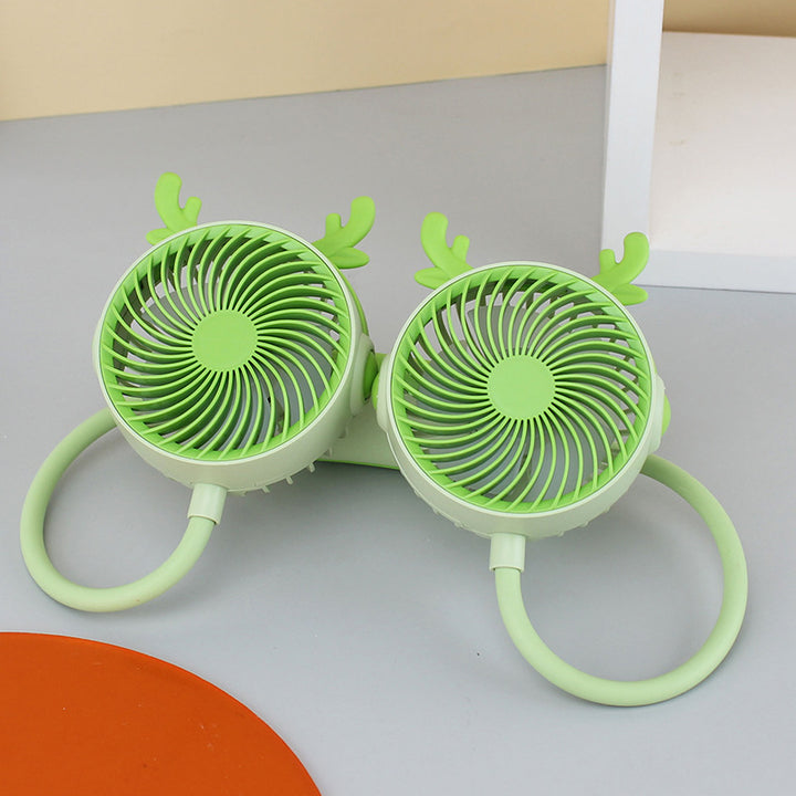 Unisex portable double-neck fan with flexible gooseneck, rechargeable battery and quiet motor Bowlift