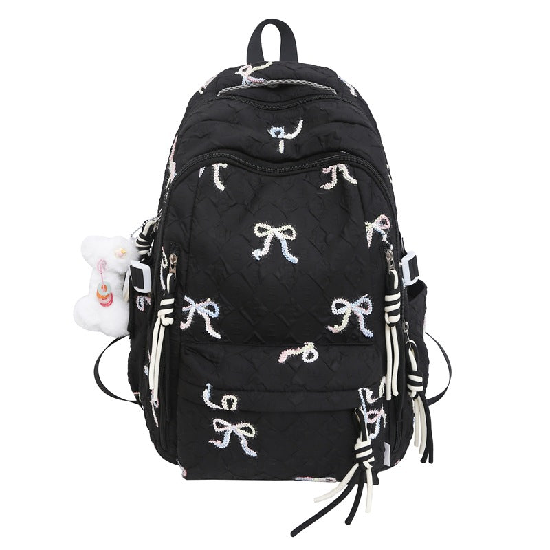 Quilted Embroidered Bow-Design Backpack Bowlift