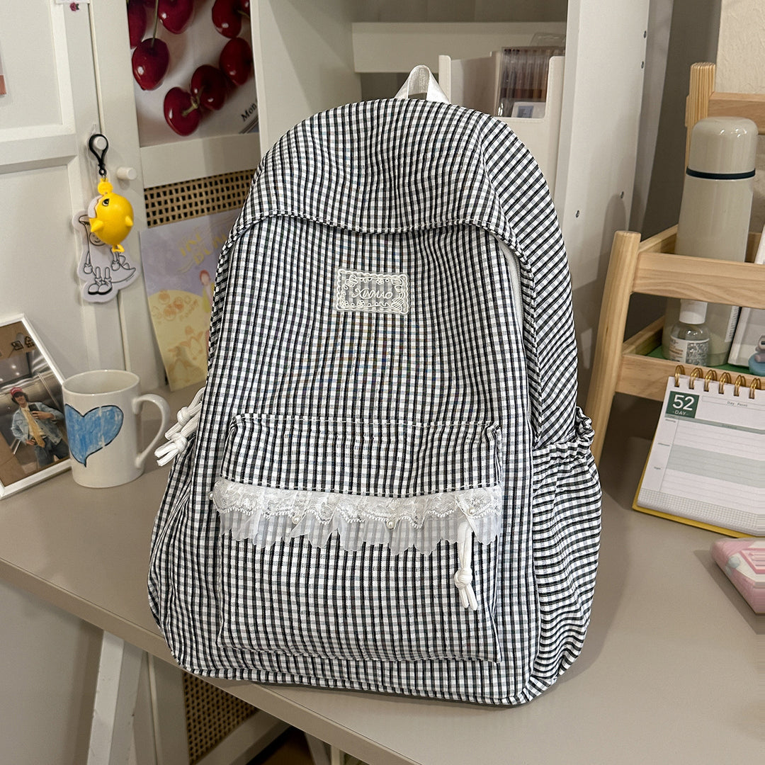 Charming Striped Lace-Trimmed Backpack Bowlift