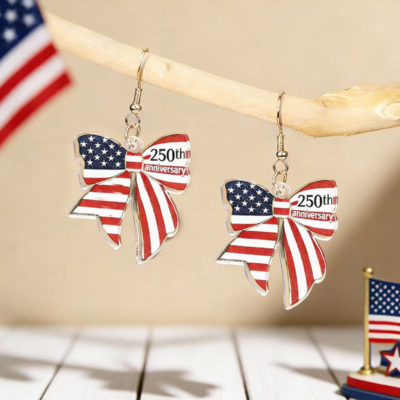 Ladies nan statement earrings with bow shape and American flag pendant Bowlift