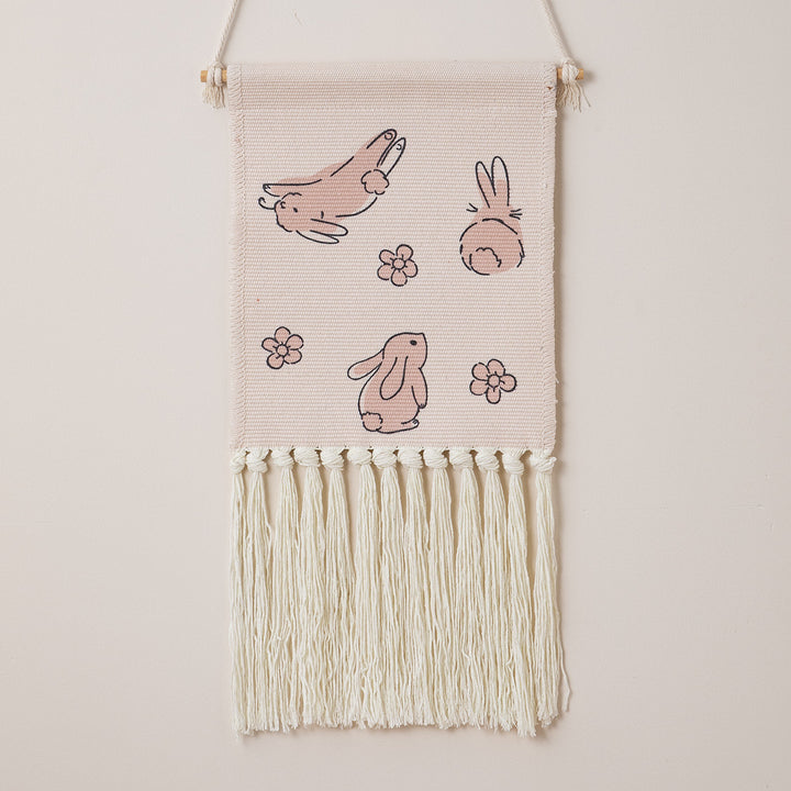 woven wall hanging with fringes and rabbit motif Bowlift