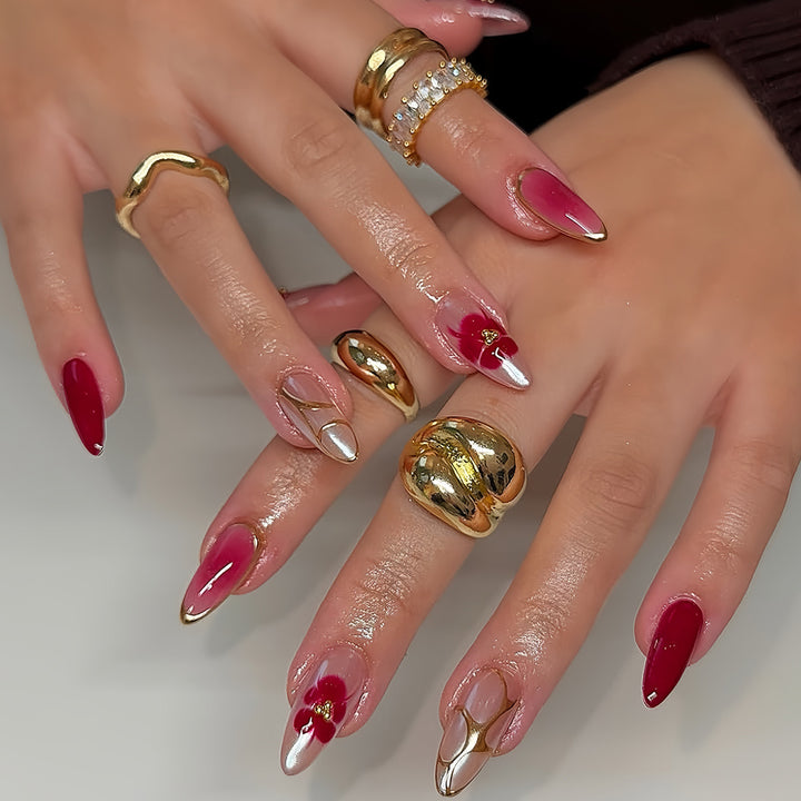 Artistic Press-On Nail Art Set with Floral Accents Bowlift