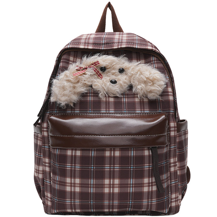 Plush backpack with unique checkered pattern and casual animal motif Bowlift
