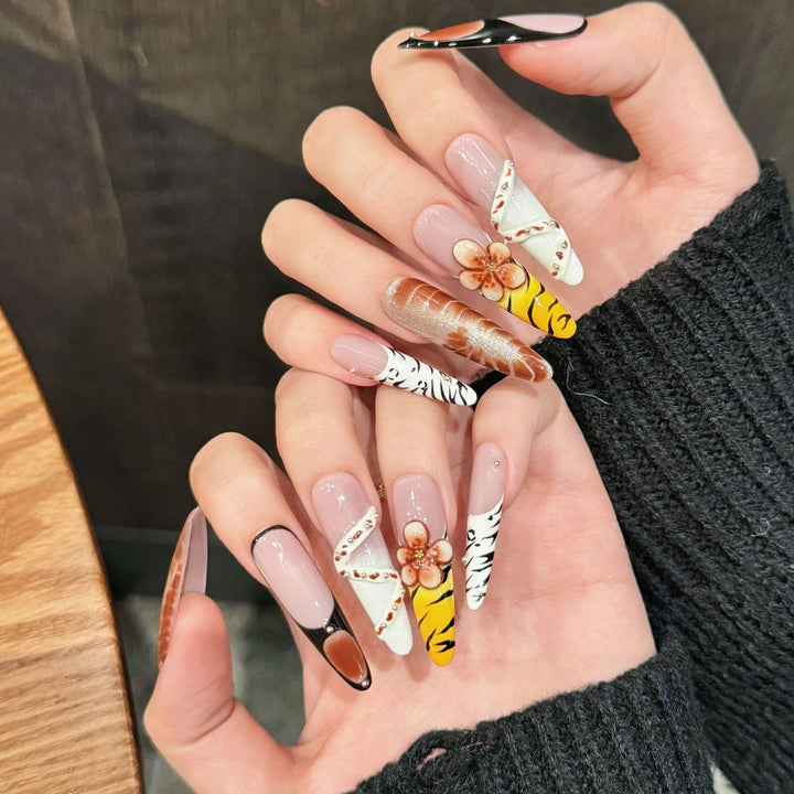 Artistic Press-On Nails with Floral and Tiger Design