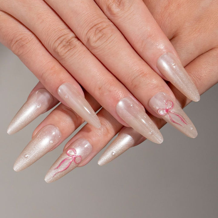Elegant Stiletto Press-On Nail Set with Bow Accents Bowlift