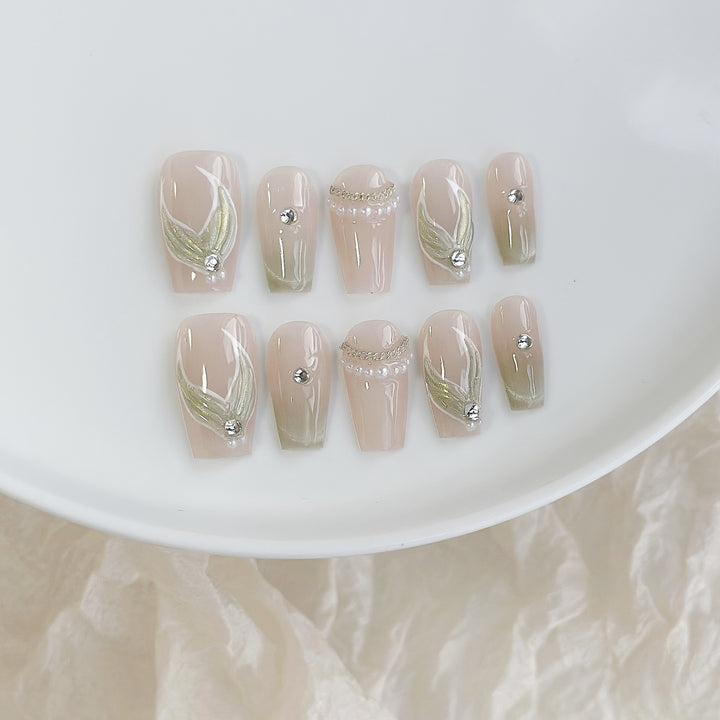 Artistic Press-On Nail Art Set with Heart and Celestial Designs