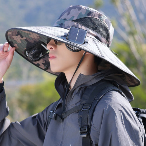 Wide-brimmed outdoor sun hat with solar-powered micro fan, breathable mesh and adjustable chin strap Bowlift