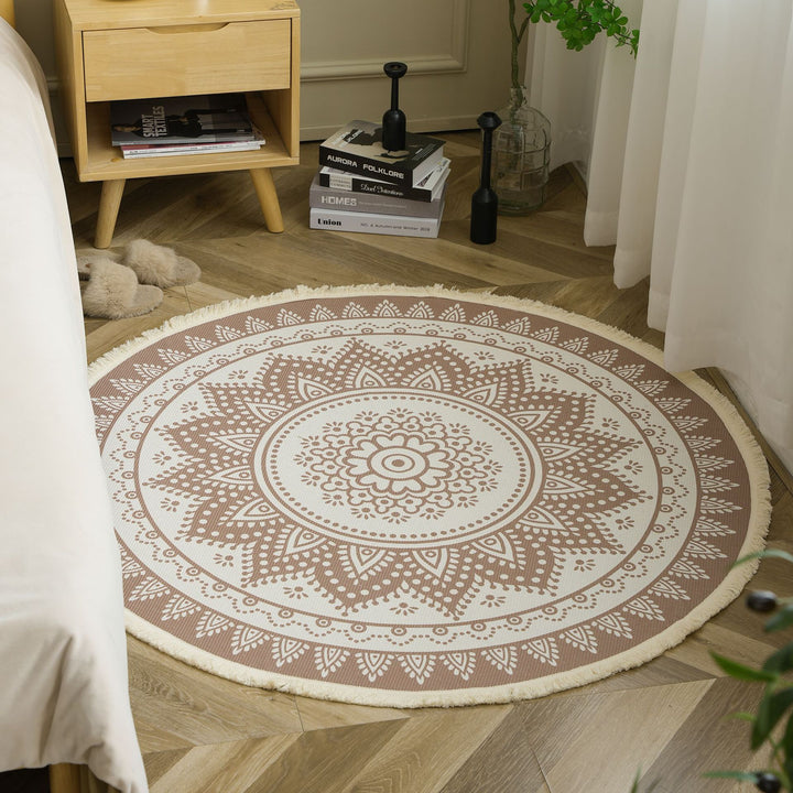 Round woven rug with mandala motif, flat cotton-jute mix and fringes Bowlift