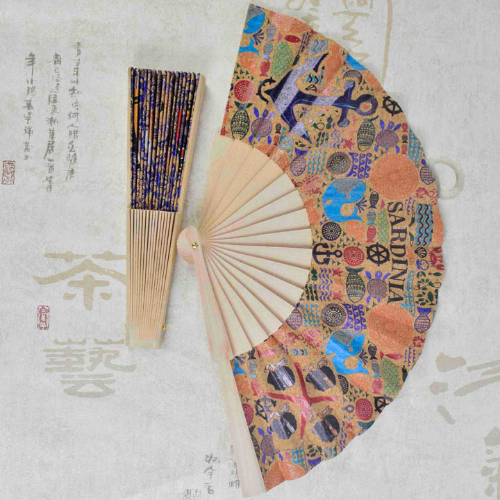 Ladies fan with cultural motif and elegant wooden frame Bowlift