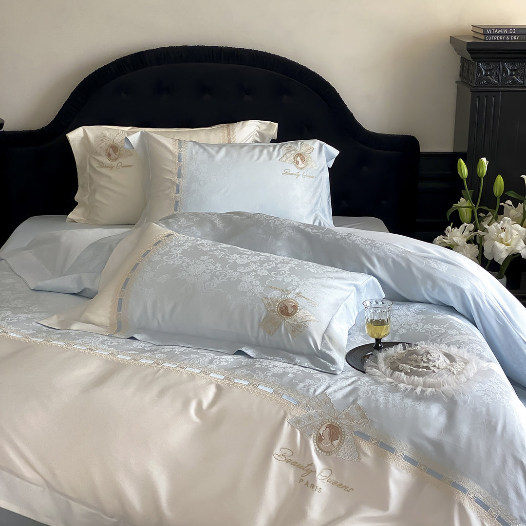 Luxurious satin bedding set with fine embroidery and pillowcases
