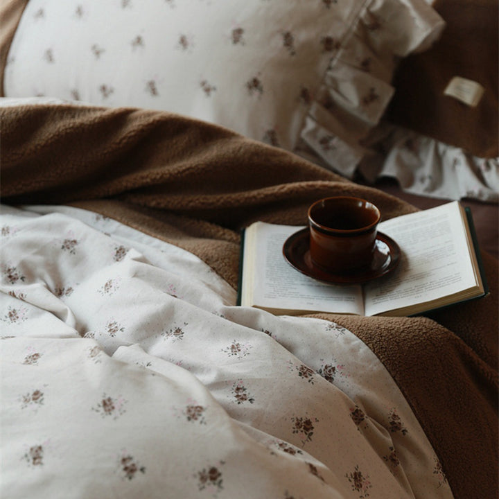 Checked reversible bedding set with teddy fleece backing and ruffled pillowcase