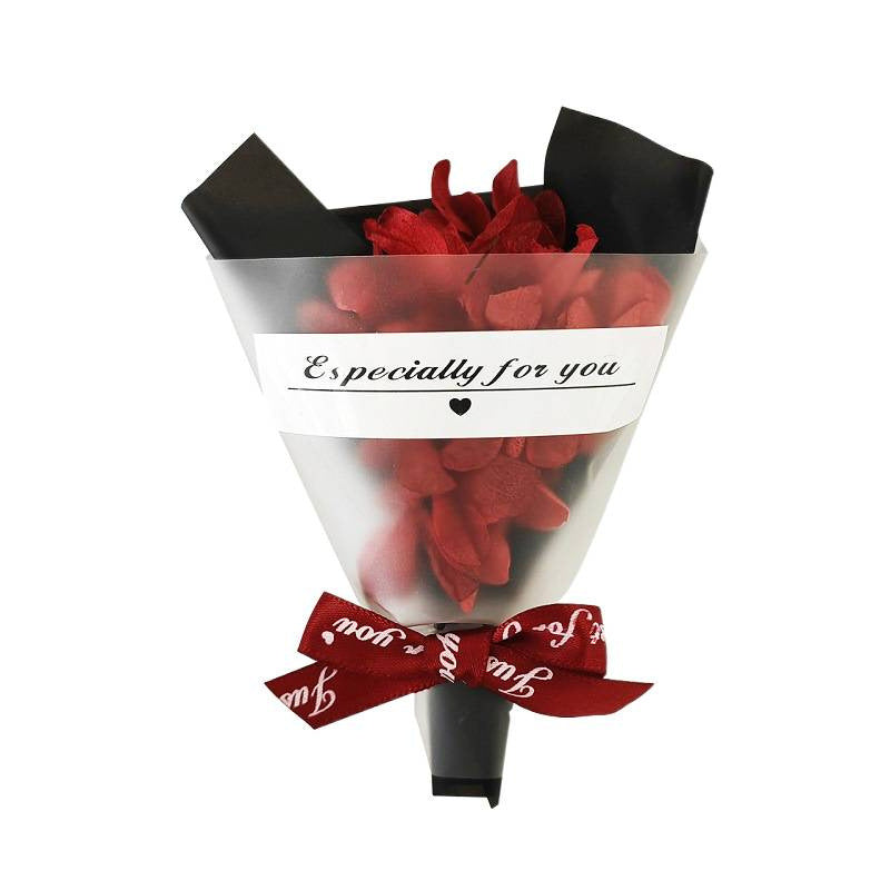 Mini Faux Rose Petal Gift Bouquet With Satin Ribbon Bow And Translucent Cone Wrap