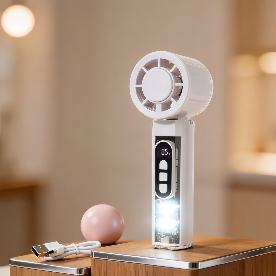 Portable Hand Fan with Digital Temperature Display and LED Lighting Bowlift