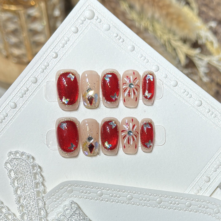 Artistic Press-On Nail Set with Glitter and Star Accents Bowlift