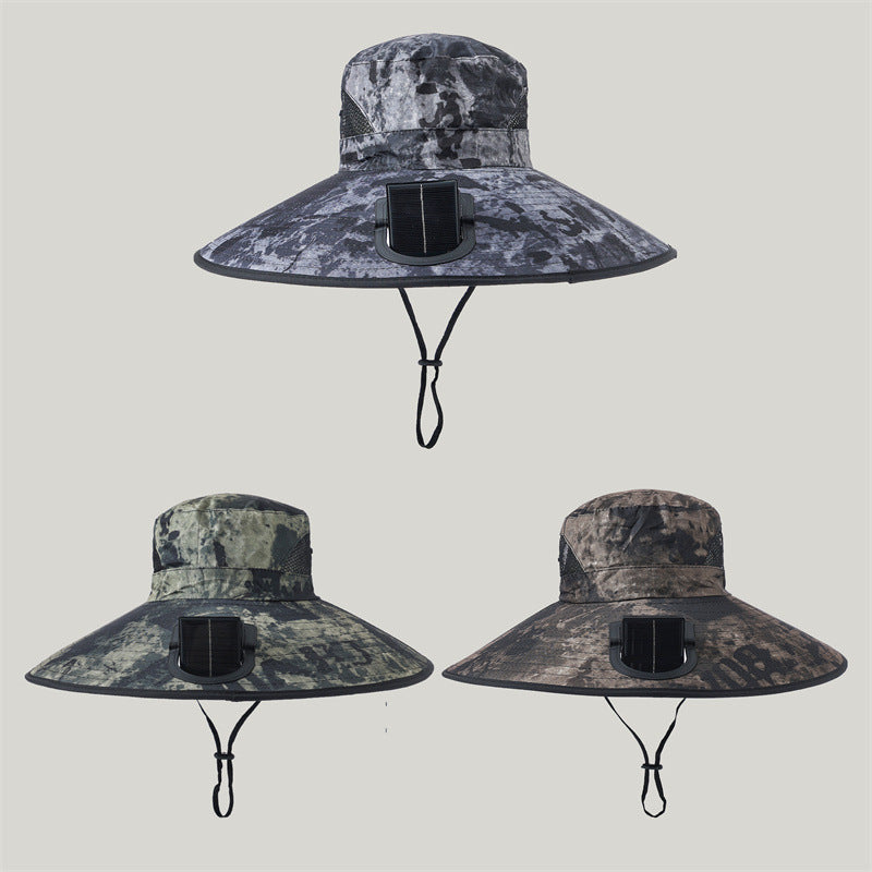 Wide-brimmed outdoor sun hat with solar-powered micro fan, breathable mesh and adjustable chin strap Bowlift