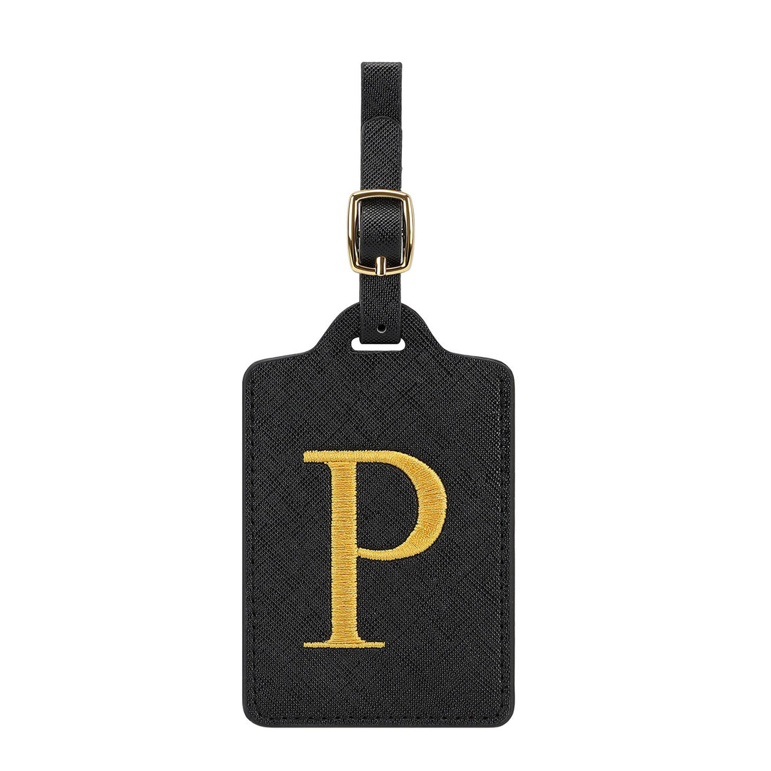 embroidered initial monogram leather luggage tag with adjustable buckle strap Bowlift