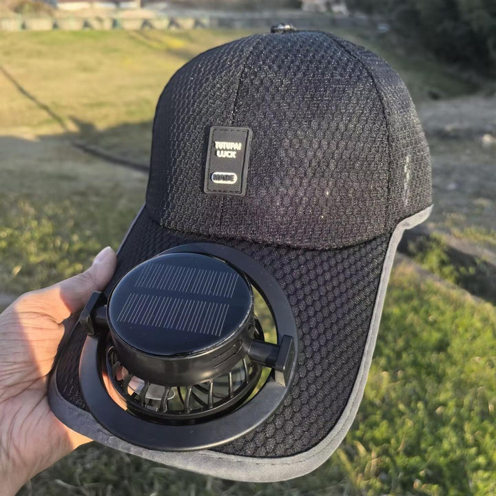 Solar-powered baseball cap with detachable solar fan and breathable honeycomb fabric Bowlift