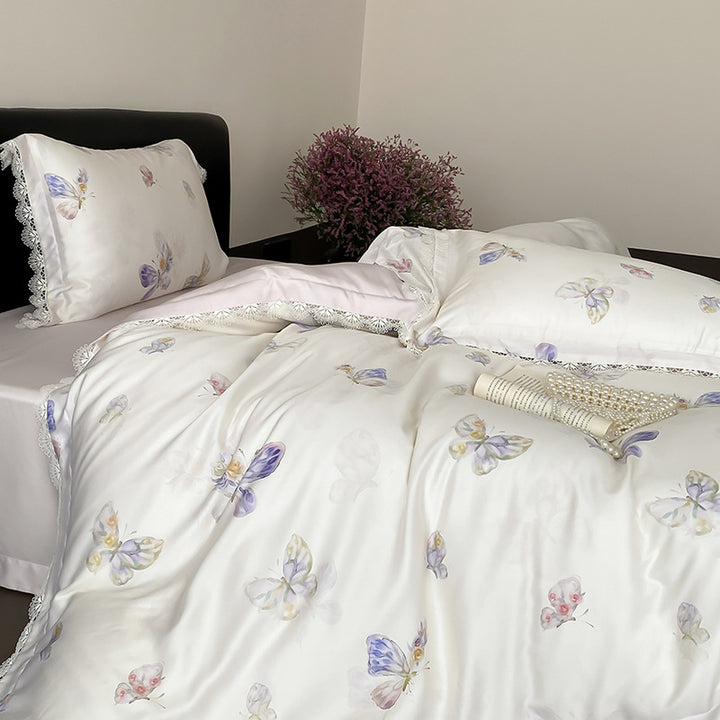 Satin bedding set with butterfly pattern and lace edge