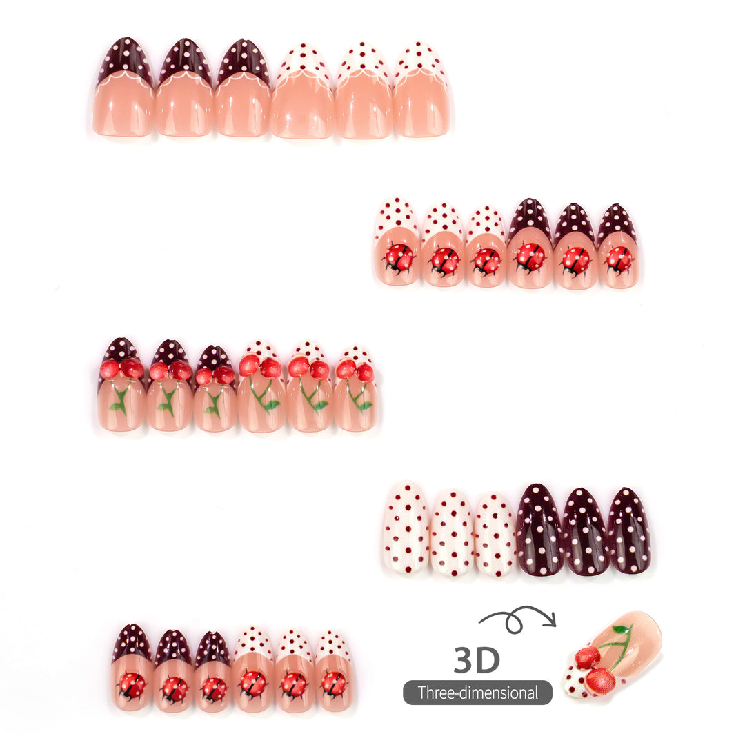 Artistic Ladybug and Cherry Press-On Nail Set