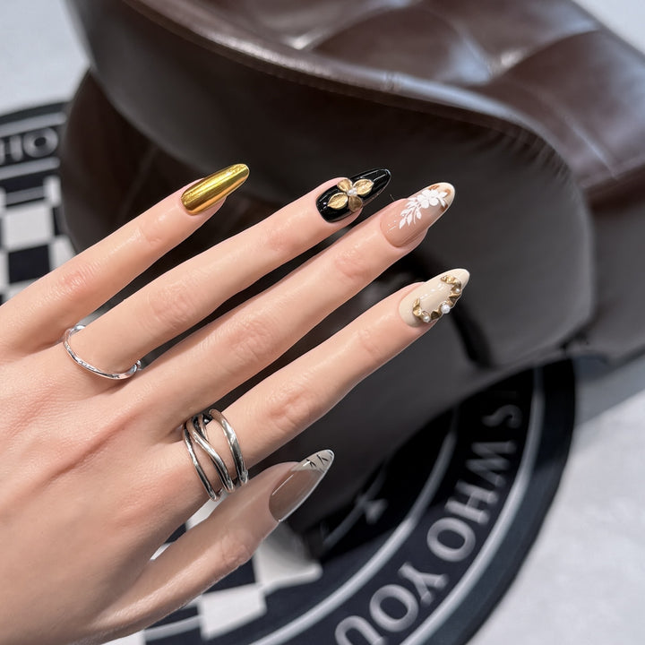 Artistic Press-On Nail Set with Decorative Floral Elements Bowlift