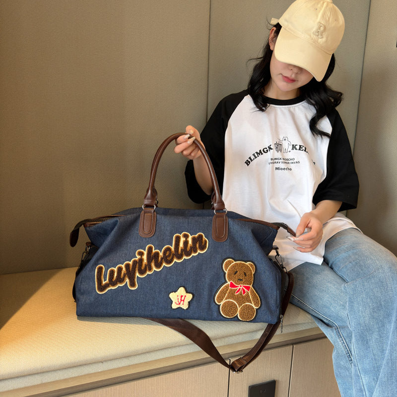 Cute Embroidered Denim Duffle Bag Bowlift