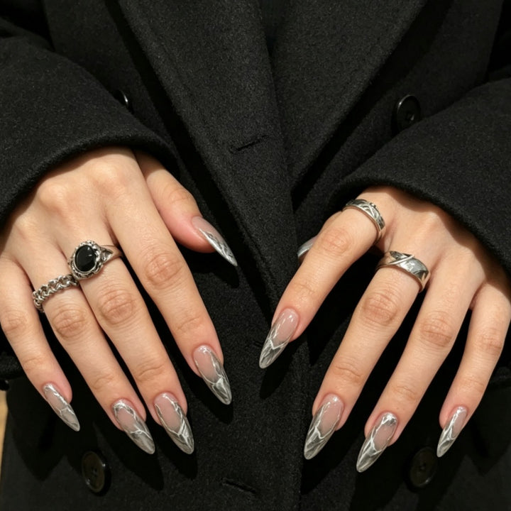 Metallic Marble Art Stiletto Press-On Nails Bowlift