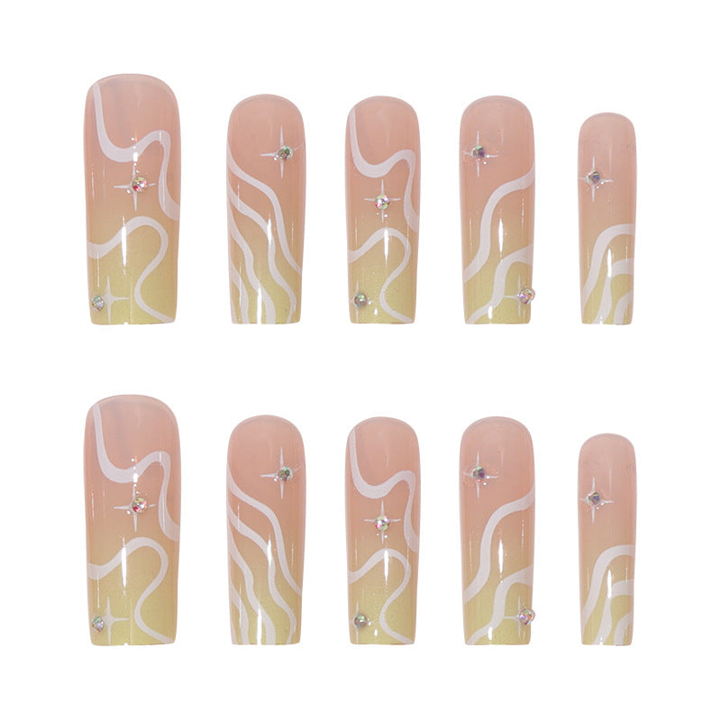 Decorative Long Square Press-On Nail Set with Artistic Design Bowlift