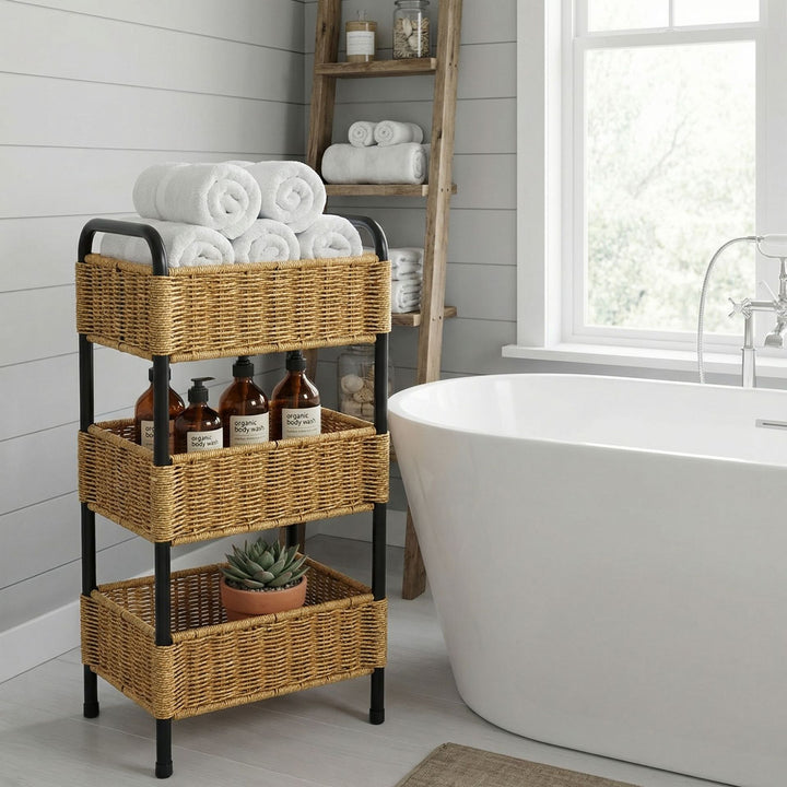 Multi-Tier Woven Bathroom Organizer Basket Bowlift